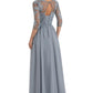 PAVERJER Pleated Taupe Mother of The Bride Dresses Long Chiffon Formal Dress Appliques Lace Gown with Sleeves Size 0