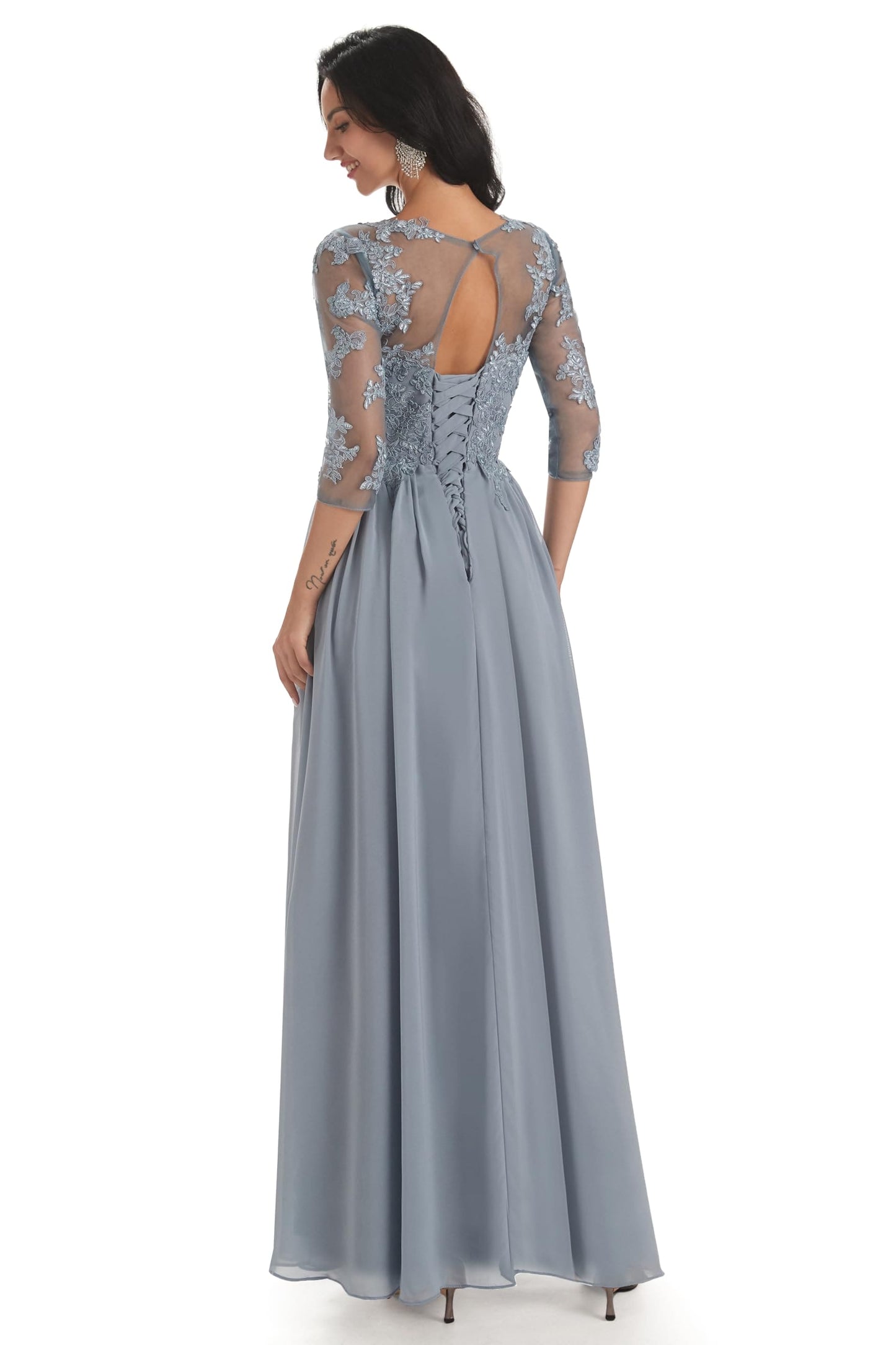 PAVERJER Pleated Taupe Mother of The Bride Dresses Long Chiffon Formal Dress Appliques Lace Gown with Sleeves Size 0