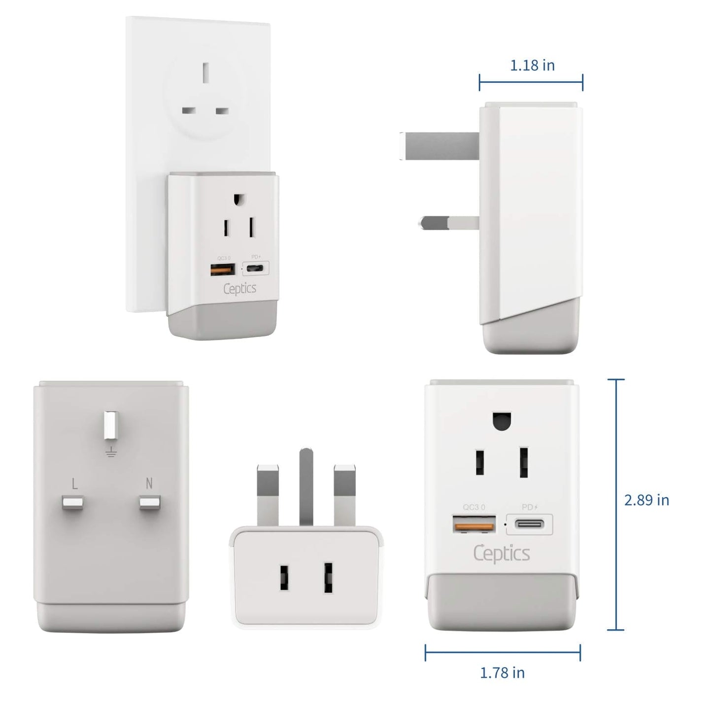 Ceptics UK Ireland Hong Kong Plug Adapter, International Power Plug with USB & USB-C - 2 USA Socket, QC 3.0 & PD - Type G Outlet Adapter for USA to British England Scotland London - Fast Charging