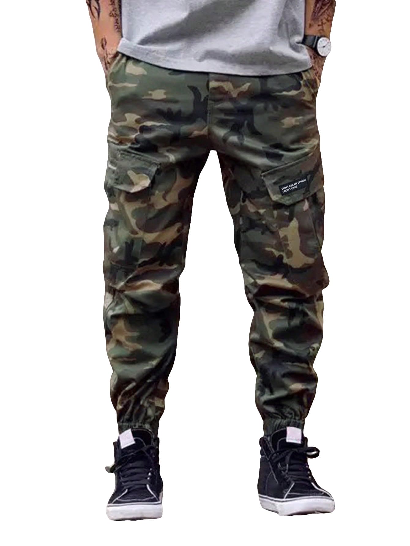 OYOANGLE Men's Camo Print Drawstring Waist Flap Pocket Jogger Cargo Pants Streetwear Sweatpants Green Multi L