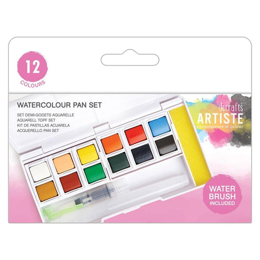 Artiste Watercolour Pan Set - 12 Colours with Water Brush