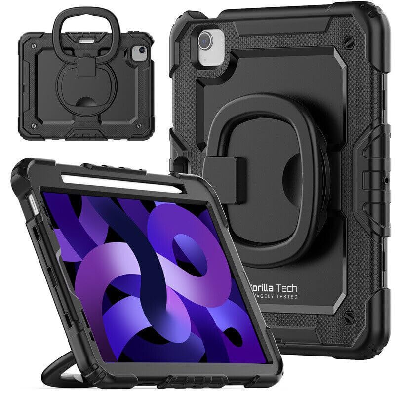 Gorilla Tech Armour iPad Cases Shockproof Luxury Multi-Functional Smart Cover with Hand Holder Kickstand Pen Holder (Black, iPad 10.2 (2021) 9th Gen)