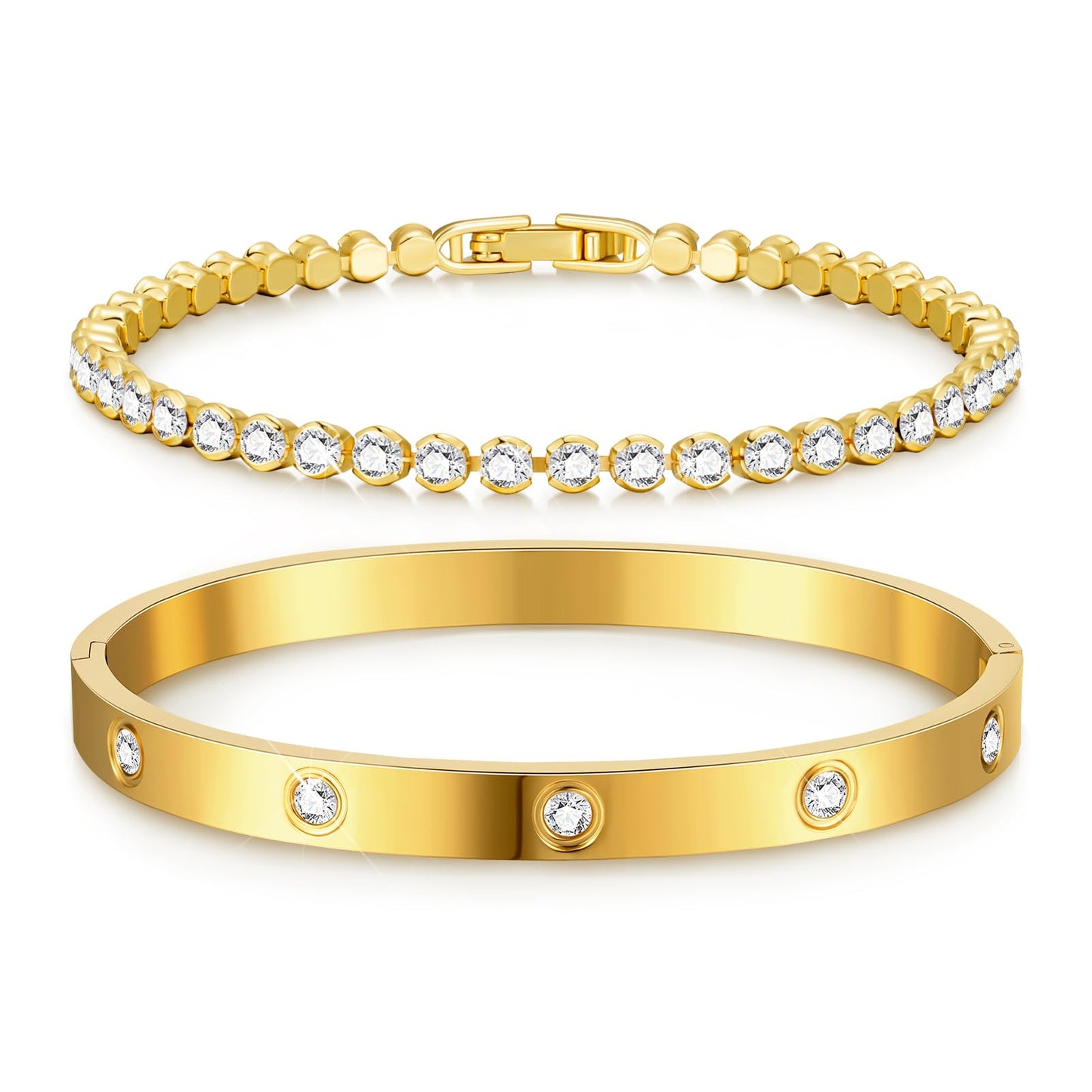 Gold Bracelets for Women Stackable Gold Bangles for Women Tennis Bracelets Bangle Bracelets Cubic Zirconia 14K Gold Plated Jewelry for Mother's Day Gifts Valentine Wedding Birthday 6.5/7/7.5"