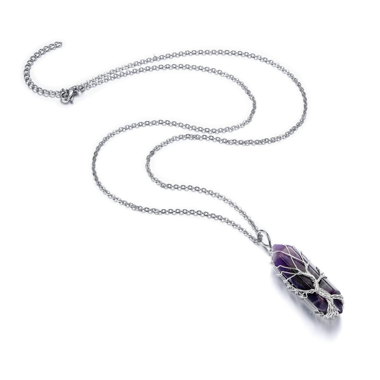 CrystalTears Amethyst Healing Crystal Stone Necklace Tree Life Wire Wrapped Natural Hexagonal Crystal Points Pendant Necklace Mothers Day Gifts for Mum Women Her Wife Girlfriend