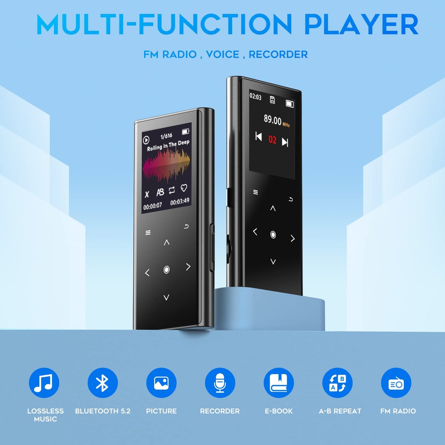 128GB MP3 Player, ZOOAOXO Music Player with Bluetooth 5.2, Built-in HD Speaker, FM Radio, Voice Recorder, Mini Design, Weigh 2.4 oz, HiFi Sound, Ideal for Sport, Earphones Included