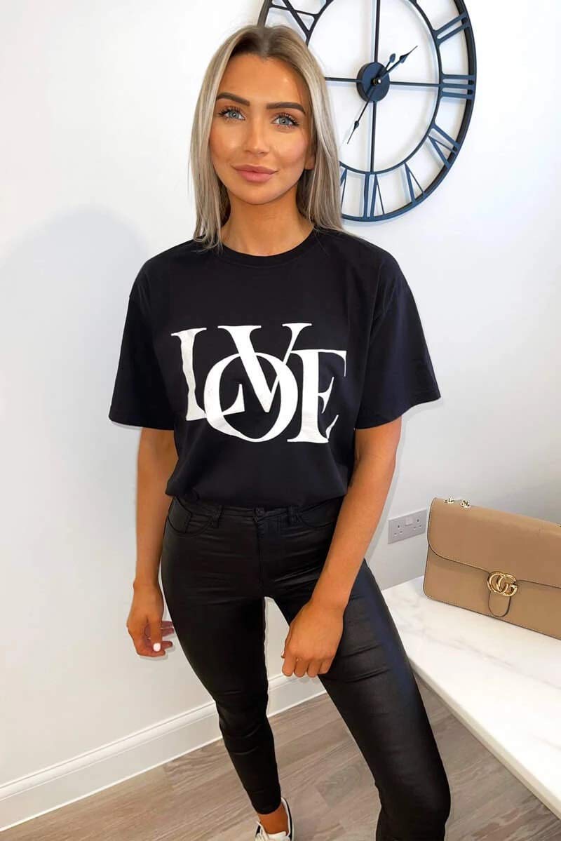 Womens Love Slogan Short Sleeve Oversized Printed Casual Summer Baggy Fashion Ladies Tshirt Tee Plus Size Top (Black, SM (UK 8-10))