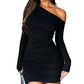 Navneet Women Off Shoulder Mini Dress Ruched Long Sleeve Bodycon Dress Sexy Party Dress Going Out Clubbing Black S