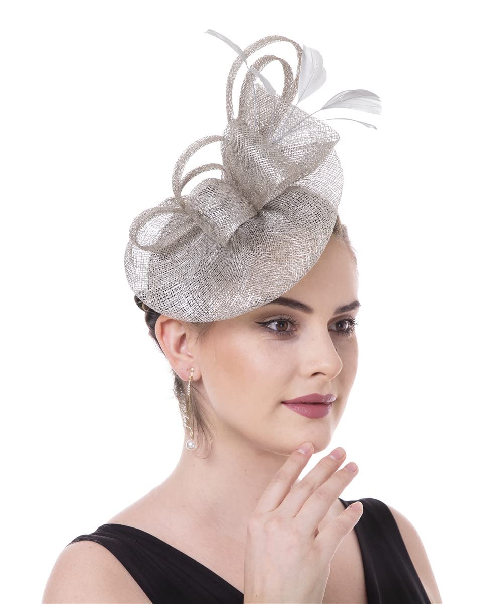 Sinamay Flower Feather Headband Fascinator Wedding Headwear Ladies Race Royal Ascot Pillbox Wedding Cocktail Tea Party Derby Hat for Women(A16-Grey)