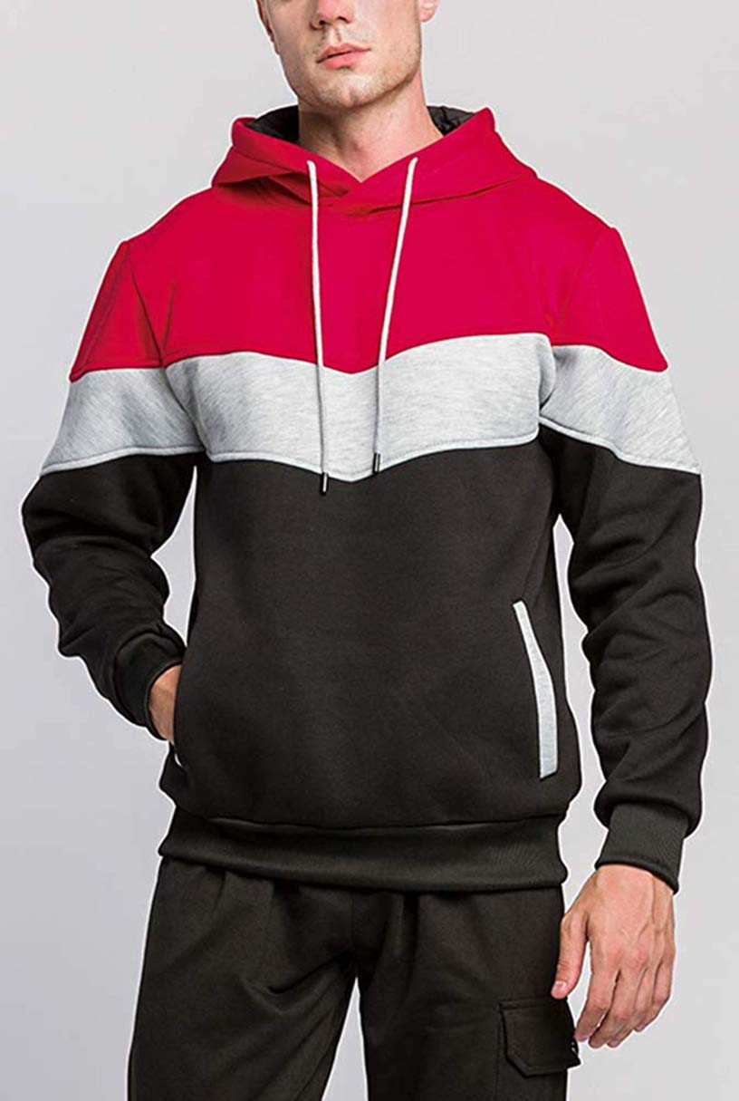 comefohome Mens Hoodie Pullover Color Block Sweatshirts Long Sleeve Hoody Drawstring Casual Tops with Pockets Red L