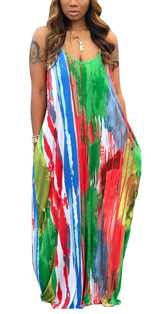 Women's Casual Floral Spaghetti Strap Maxi Dress with Pockets Floor Length Plus Size Sundresses