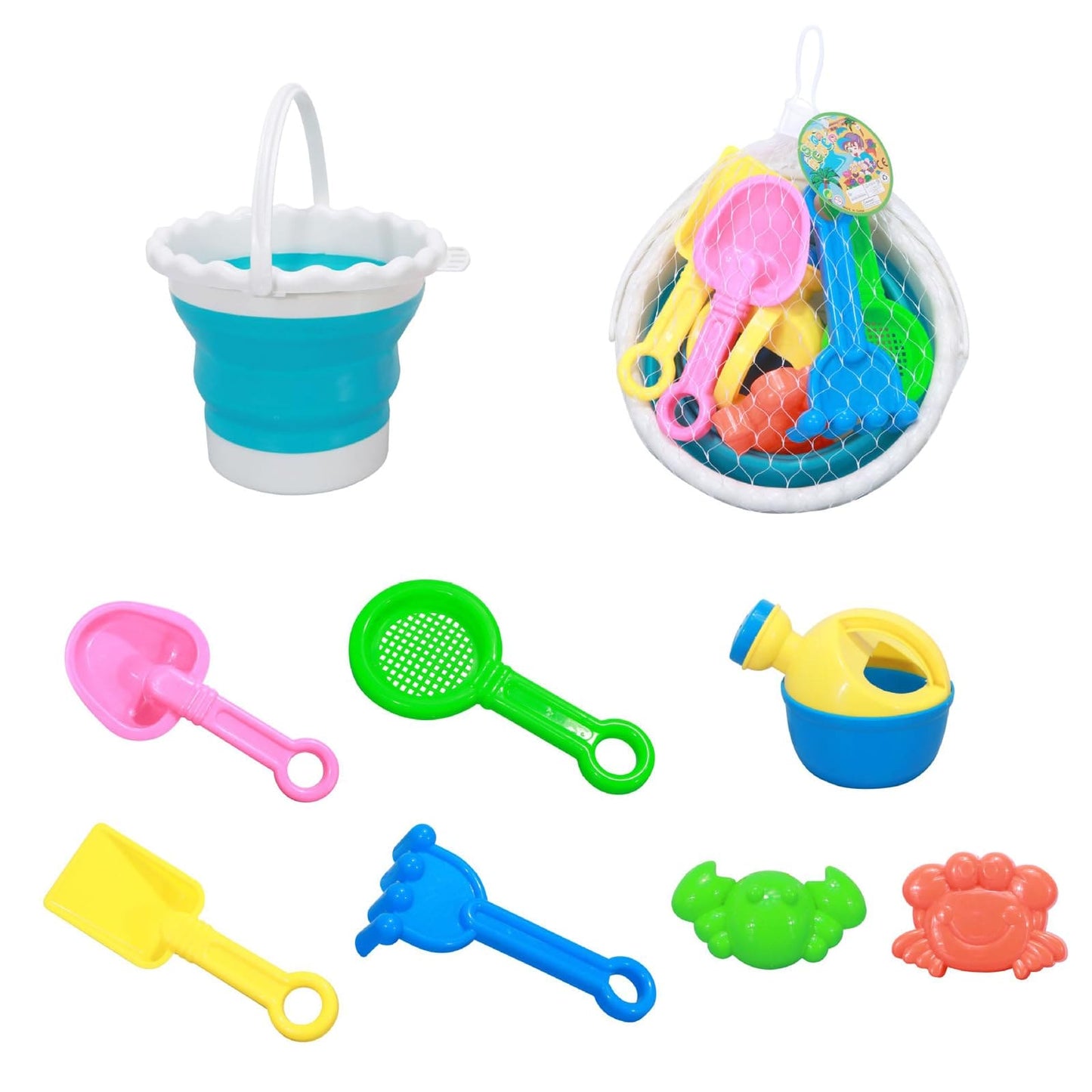 Foldable Beach Bucket Set for Kids, 8 Pcs Beach Palyset Sand Toys with Foldable Bucket, Rake, Shovel, Watering Can and Sand Moulds, Kids Play Sand Toys, Sand and Water Outdoor Fun Tools for Boys Girls