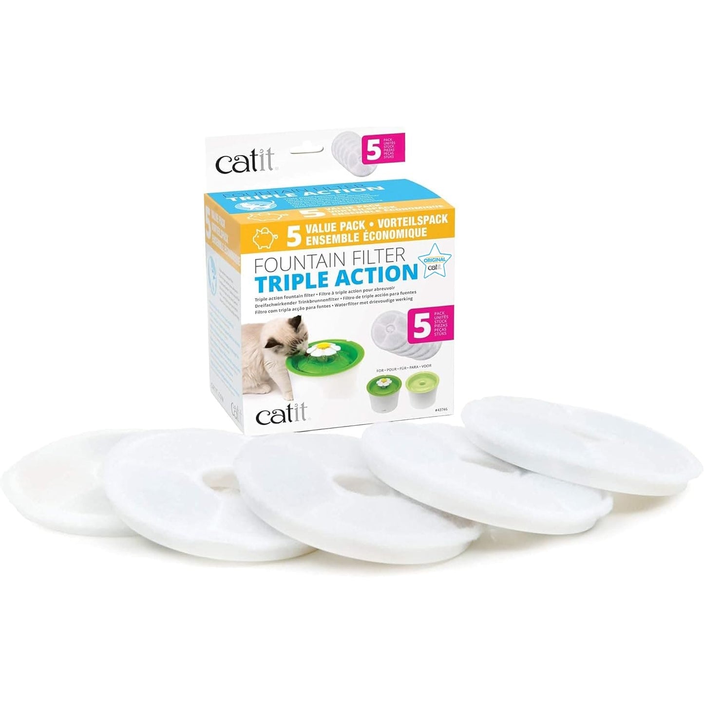 Genuine Catit Fountain Filters for 3 Litre Flower Fountain, Fresh and Clear Fountains Only, Pack of 5