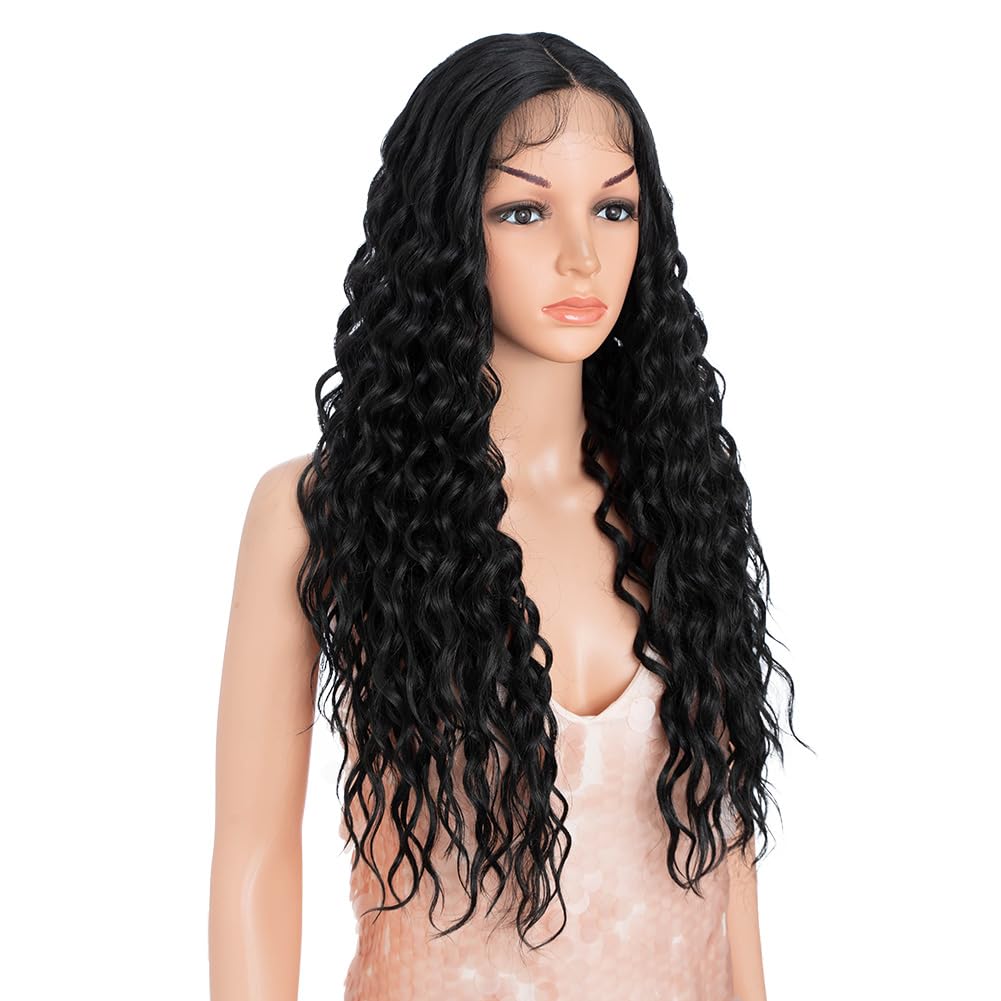 Style Icon 26 Inches Lace Front Wig Long Curly Wavy Wig Synthetic Wigs for Women Heat Resistant Replacement Wig 130% Density Black color