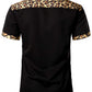 LucMatton Men's Stylish Leopard Print Patchwork Design Short Sleeve Button up Shirt for Club Party Black Leopard Small