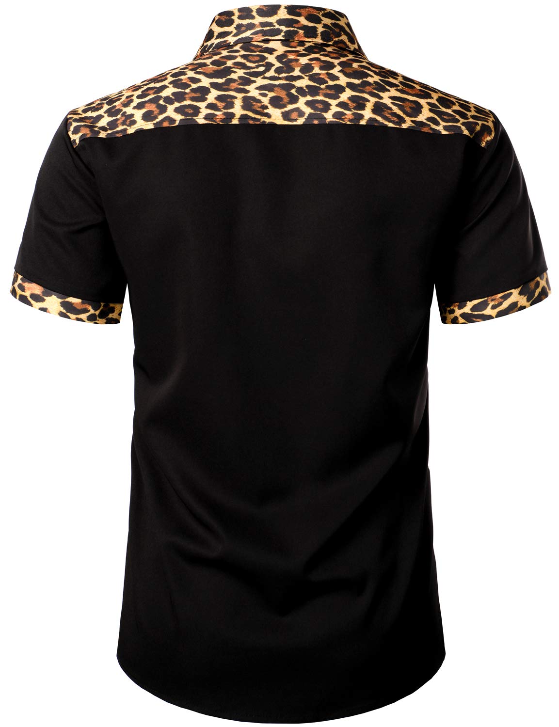 LucMatton Men's Stylish Leopard Print Patchwork Design Short Sleeve Button up Shirt for Club Party Black Leopard Small