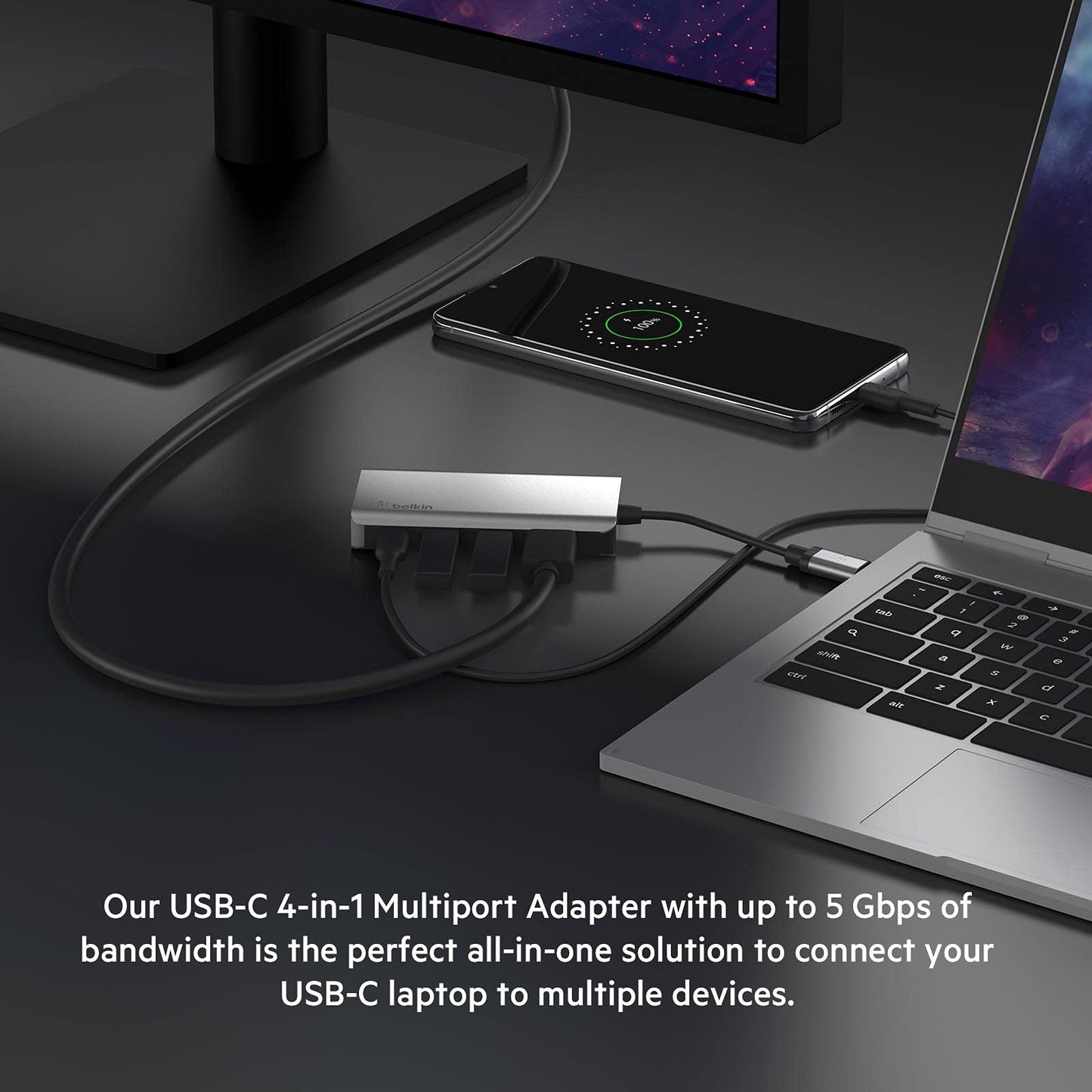 Belkin USB C 4-in-1 MultiPort Adapter (with 4K HDMI, USB-C 100W PD Pass-Through Charging, 2 x USB A Ports for MacBook Pro, MacBook Air, iPad Pro, XPS and More)