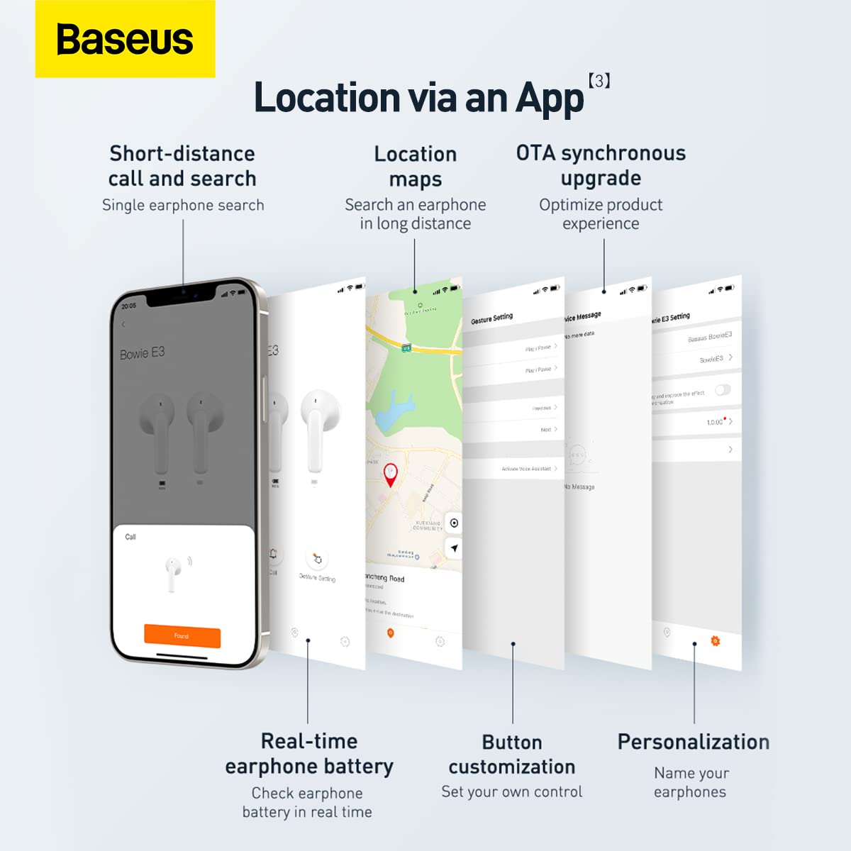 BASEUS Earphone Bluetooth Bowie E3, BT 5.2, TWS Fast response, Low Latency, IP64, app finder, White (NGTW080002)