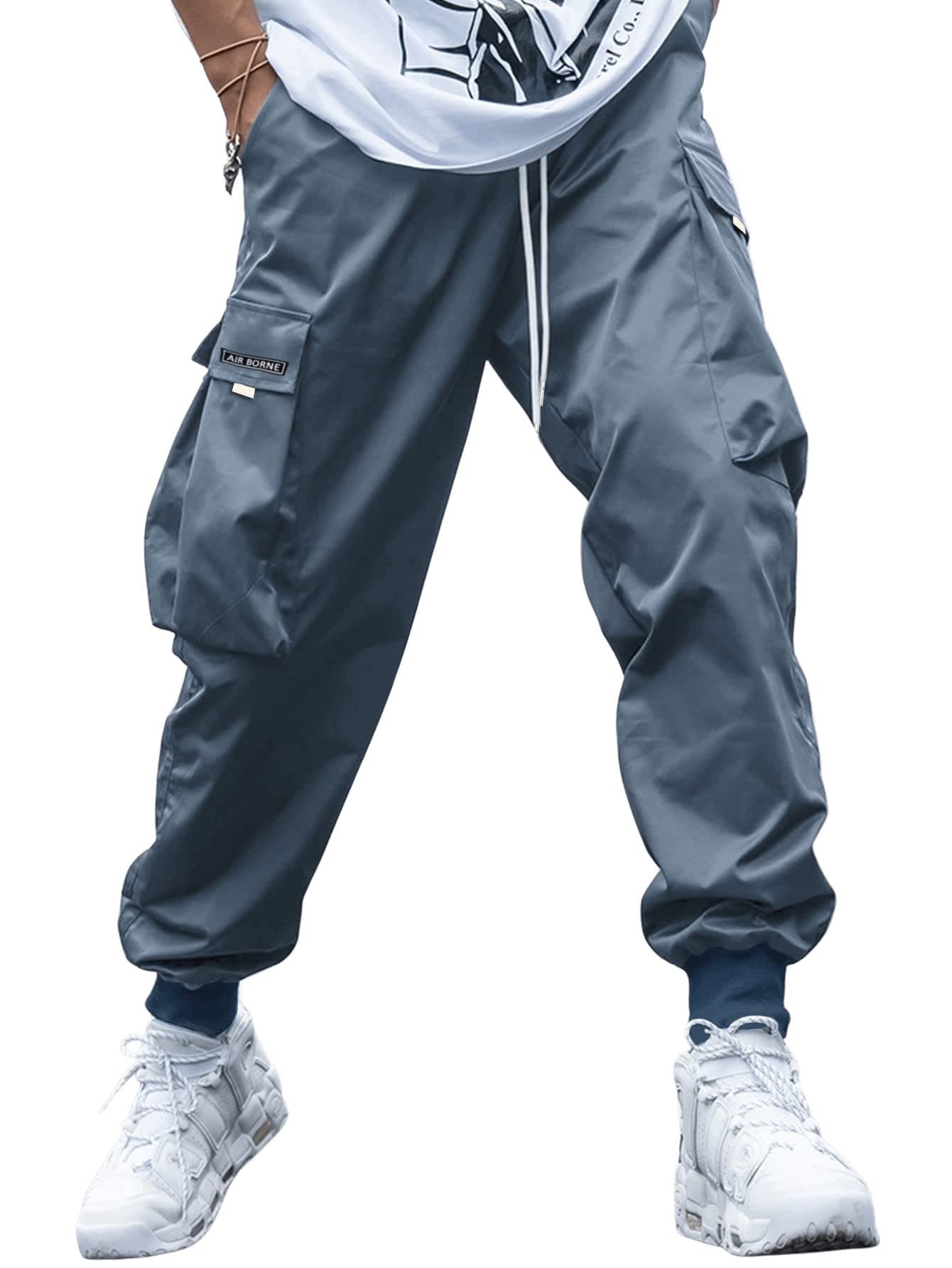 OYOANGLE Men's Casual Drawstring Elastic Waist Flap Pocket Letter Graphic Street Jogger Cargo Pants Dusty Blue L