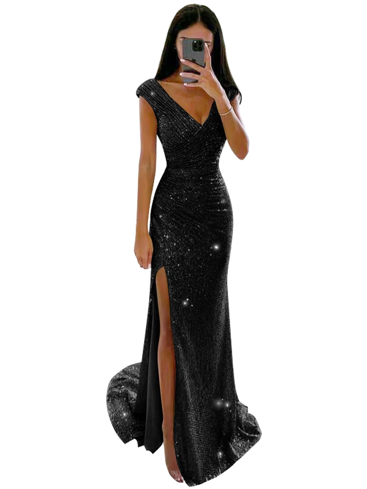 PAVERJER Black Prom Dresses for Teens with Slit Mermaid Sequin Prom Gown Ruched V-Neck Evening Party Dress Size 2