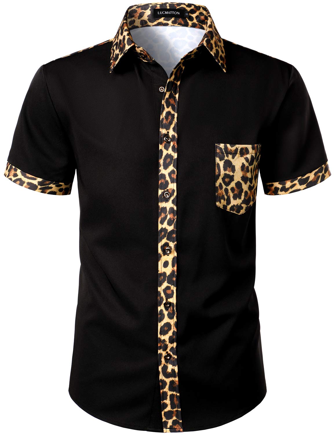 LucMatton Men's Stylish Leopard Print Patchwork Design Short Sleeve Button up Shirt for Club Party Black Leopard Small