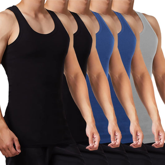 FALARY Mens Vest Tops Pack of 5 Tank Tops Fitted 100% Cotton Basic Plain Color Underwear and Colours Black Navy Grey S