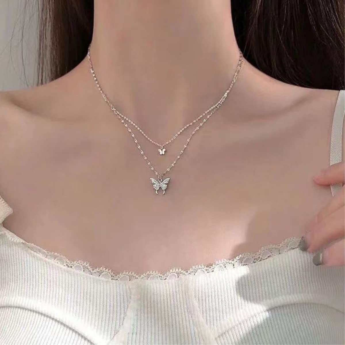 ZAGZIG 925 Sterling Silver Butterfly Necklace for Women Double Layer Clavicle Chain Shiny CZ Necklace Dainty Gifts Party Jewelry Gift