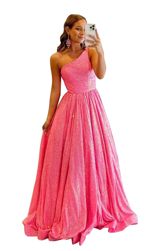 PAVERJER One Shoulder Sequin Prom Dresses Long Sparkly Ball Gown for Women Glitter Formal Wedding Guest Dresses Hot Pink Size 4