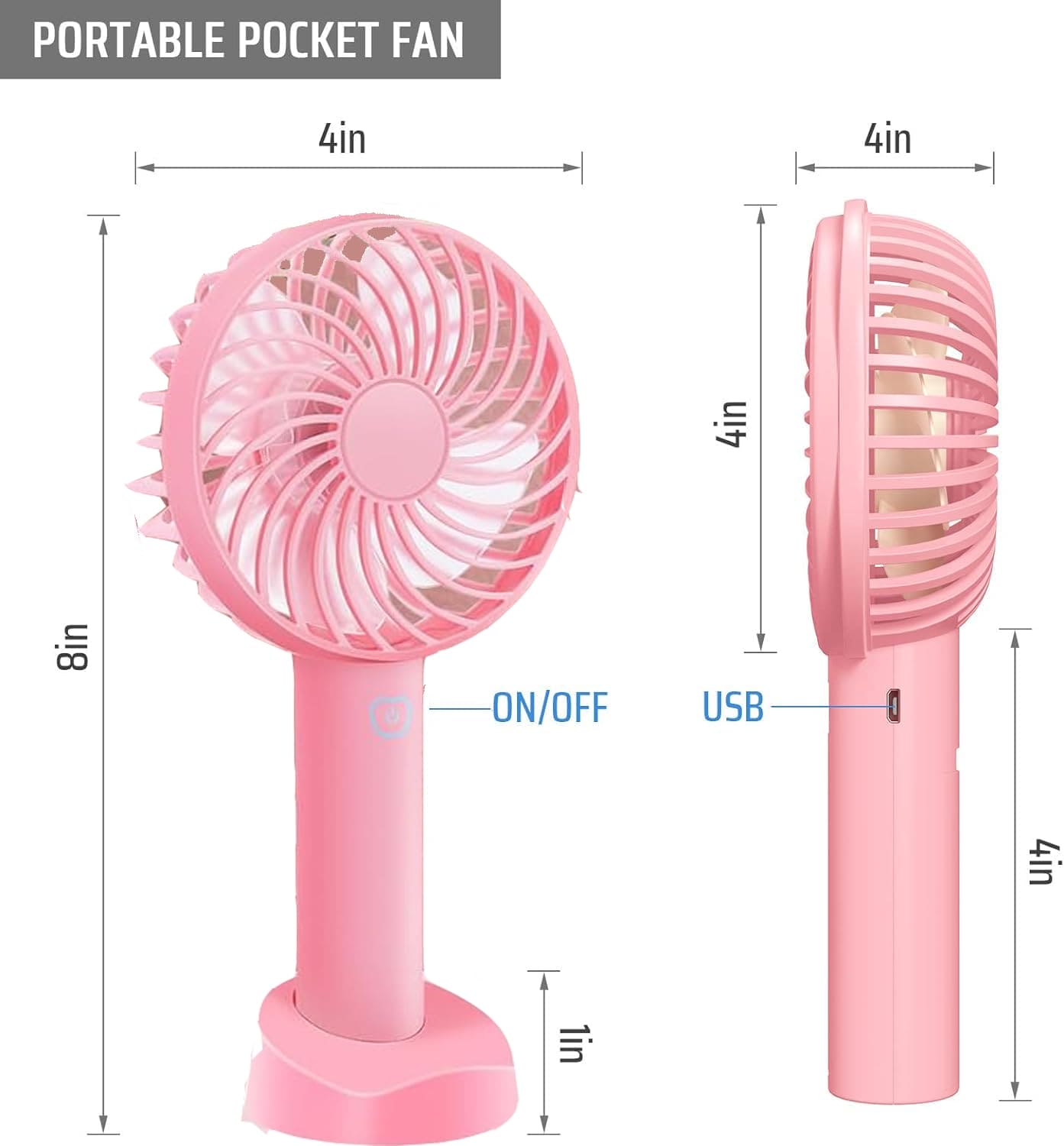 Gofemial Handheld Fan Portable Mini Fan, Hand Fan USB Electric Fan with Phone Holder 3 Speeds Rechargeable Strong Wind Silent Fan Cooling Desk Fan for Office Home Sport Camping, Pink