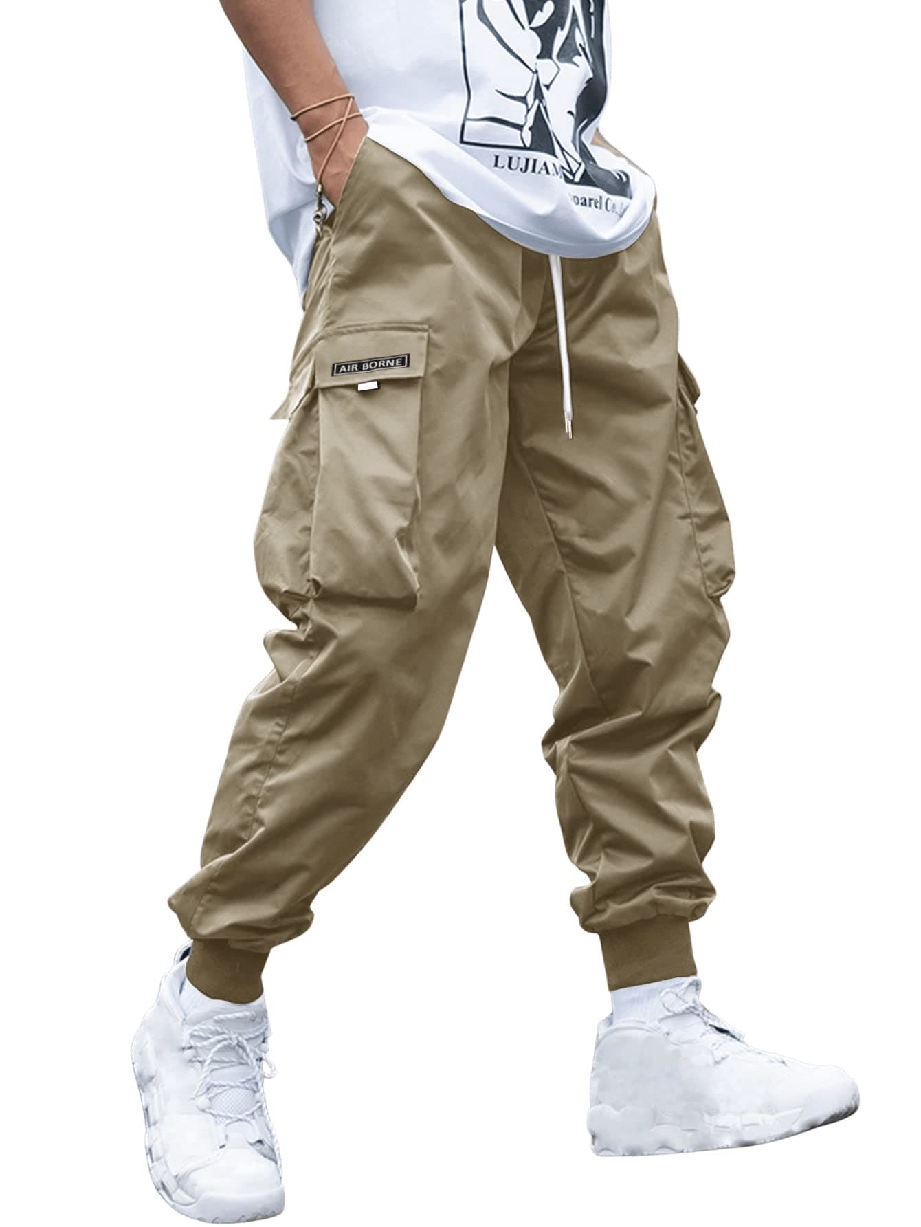 OYOANGLE Men's Casual Drawstring Elastic Waist Flap Pocket Letter Graphic Street Jogger Cargo Pants Khaki L