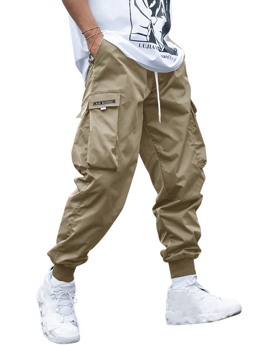 OYOANGLE Men's Casual Drawstring Elastic Waist Flap Pocket Letter Graphic Street Jogger Cargo Pants Khaki L