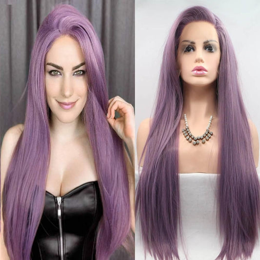 xiweiya Purple Wigs Long Straight Synthetic Lace Front Wigs Handmade Realistic Looking Wig Ash Lavender Side Part Glueless Wig Heat Resistant Hair Replacement Wigs Cosplay Costume Daily Wigs 24Inch