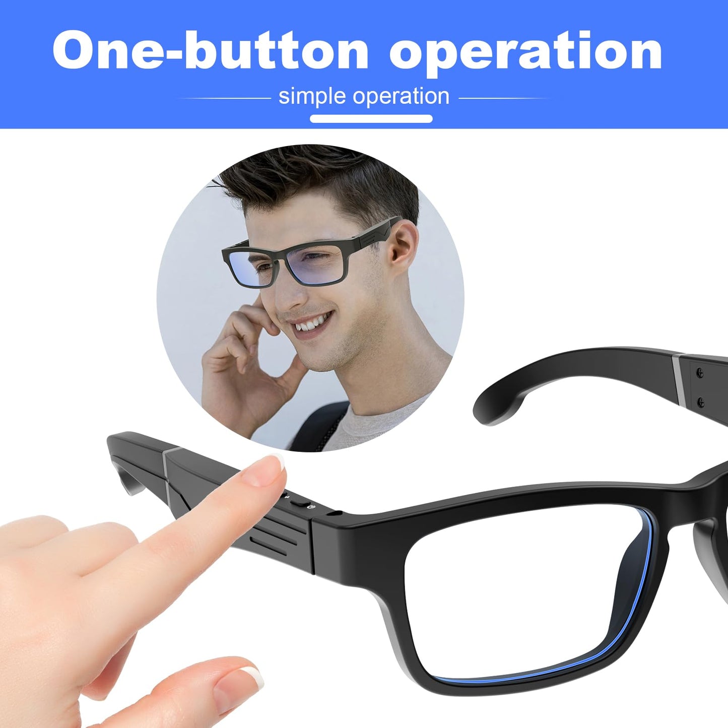 OHNIKU Smart Glasses, Bluetooth Glasses with Speakers One-Click Control Clear Calls Game and Anti-Blue Light Lenses - Intelligent Wireless Bluetooth Audio Glasses for Men Women