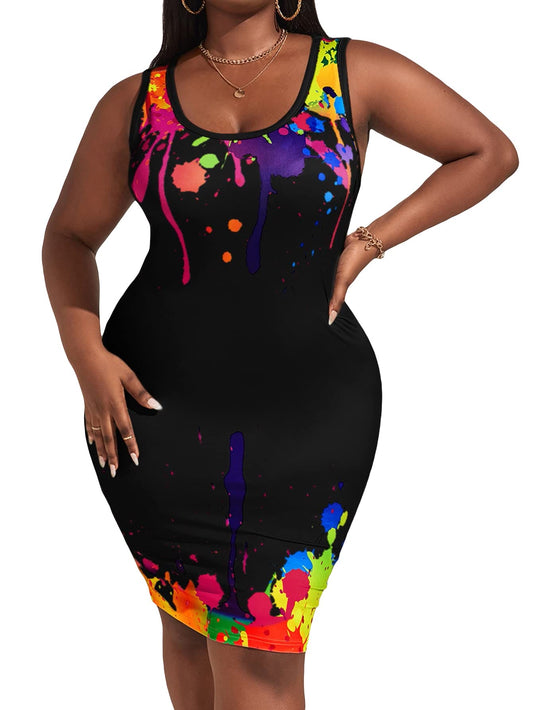 OYOANGLE Women's Plus Size Splash Ink Print Sleeveless Scoop Neck Pencil Tank Dresses Black 0XL