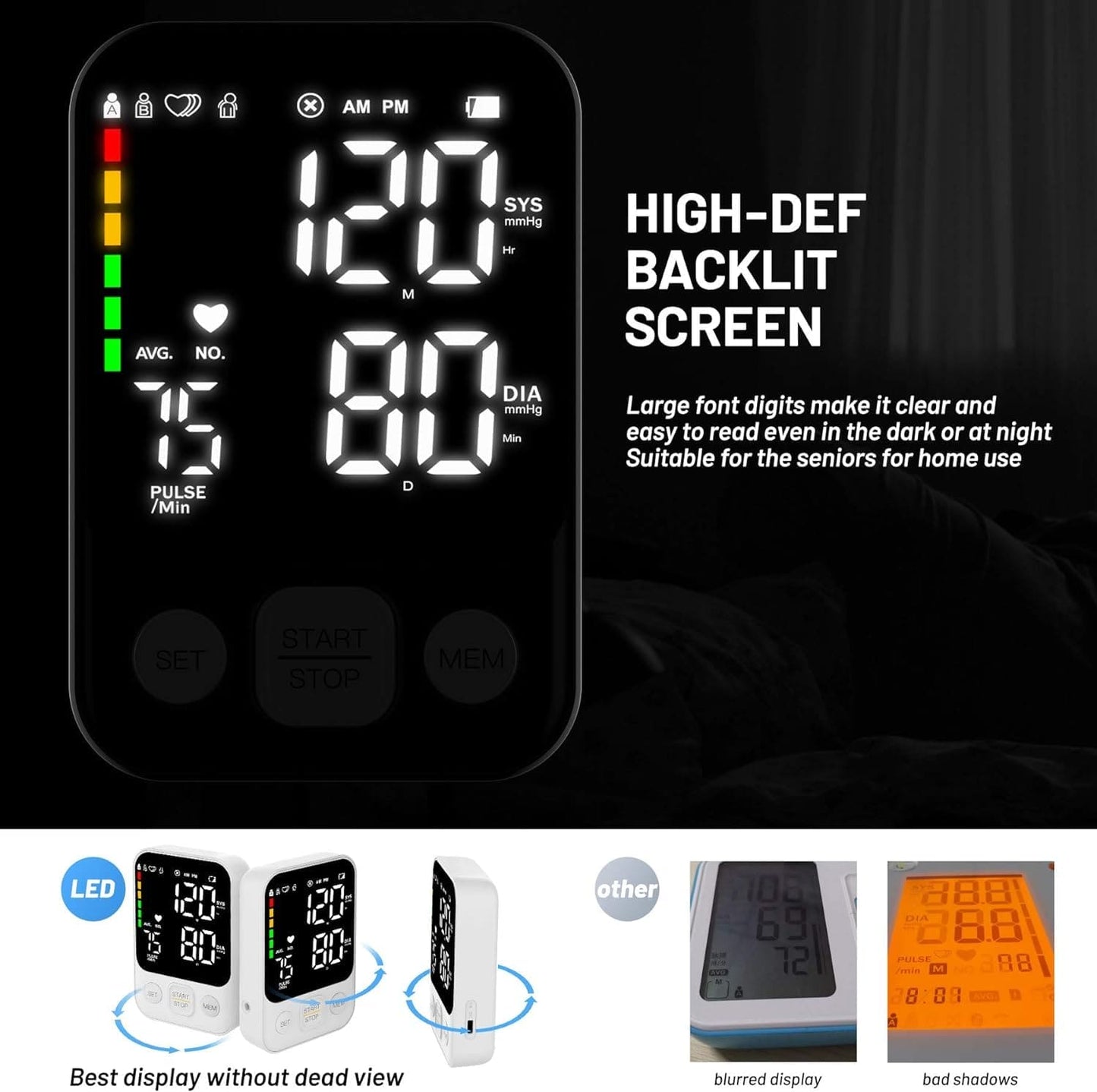 Blood Pressure Monitor Upper Arm Blood Pressure Monitors for Home Use BP Machine with 2x120 Reading Memory Adjustable Arm Cuff 8.7"-15.7" LED Background Light Large Display with Storage Bag - White