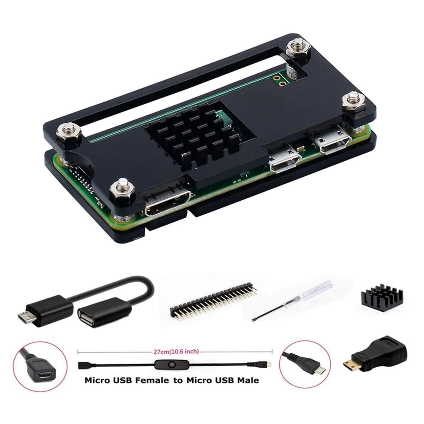 GeeekPi for Zero 2 W Case/Zero/Zero W Case, 7 in 1 Basic Starter Kit with Acrylic Raspberry Pi Zero Case, 20Pin GPIO Header, OTG Cable, Switch Cable, HDMI Adapter, Heatsink and Screwdriver (Black)