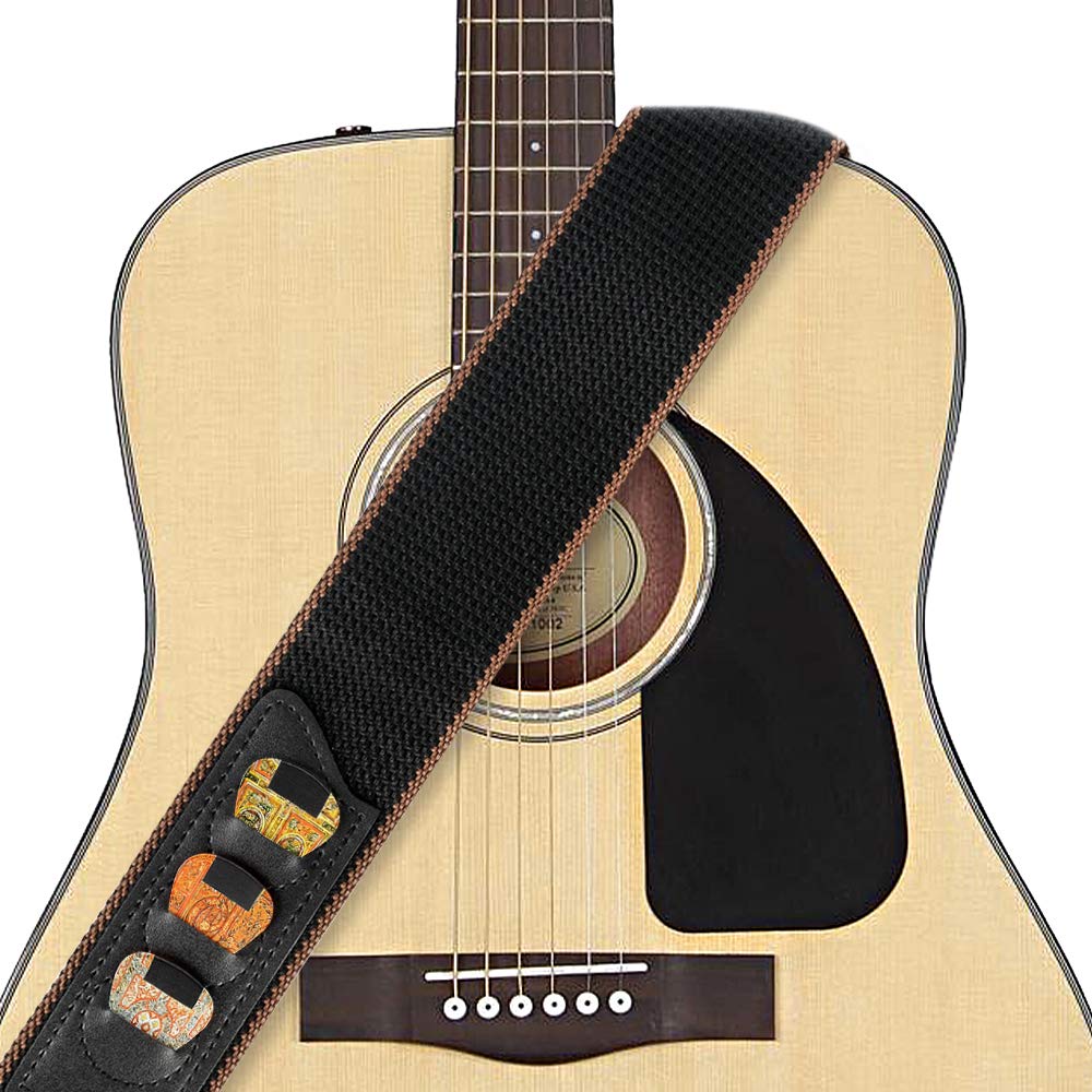 BestSounds Guitar Strap 100% Soft Cotton Guitar Shoulder Strap With 3 Pick Holders For Bass Electric & Acoustic Guitars (Black)