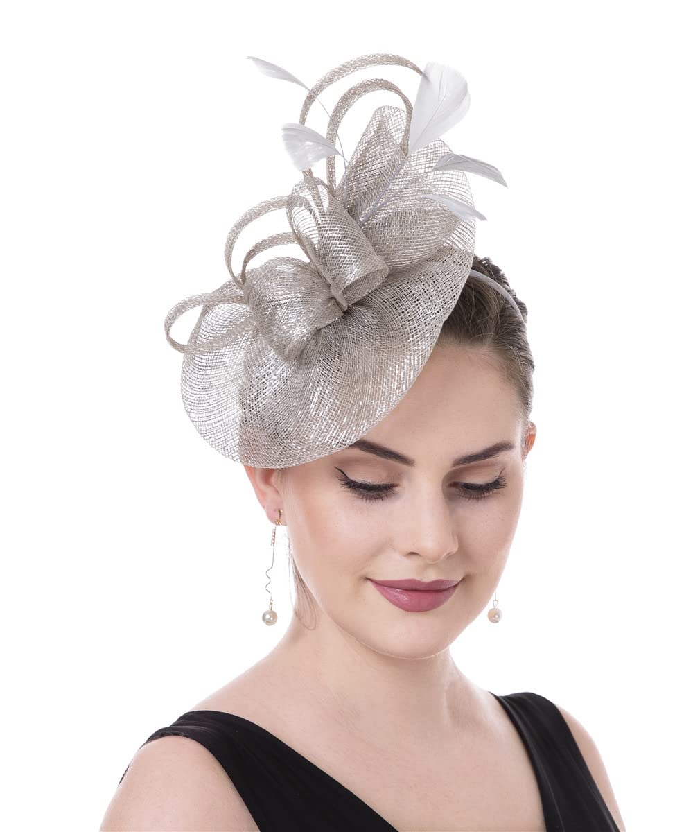 Sinamay Flower Feather Headband Fascinator Wedding Headwear Ladies Race Royal Ascot Pillbox Wedding Cocktail Tea Party Derby Hat for Women(A16-Grey)