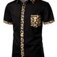 LucMatton Men's Stylish Leopard Print Patchwork Design Short Sleeve Button up Shirt for Club Party Black Leopard Small