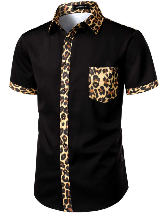 LucMatton Men's Stylish Leopard Print Patchwork Design Short Sleeve Button up Shirt for Club Party Black Leopard Small