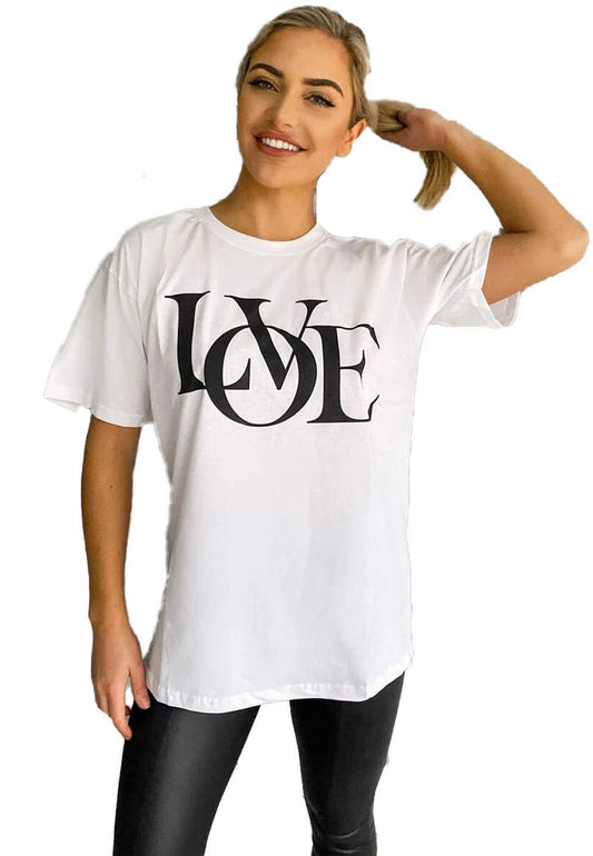 Womens Love Slogan Short Sleeve Oversized Printed Casual Summer Baggy Fashion Ladies Tshirt Tee Plus Size Top (White, SM (UK 8-10))