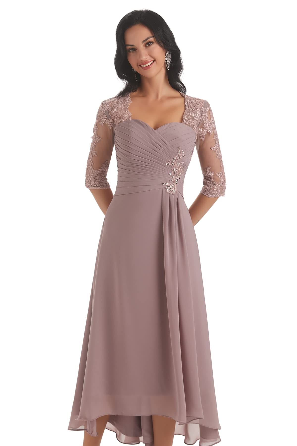 Taupe Mother of The Bride Dresses for Wedding 2023 High Low Tea Length Formal Dress with Sleeves Size 0