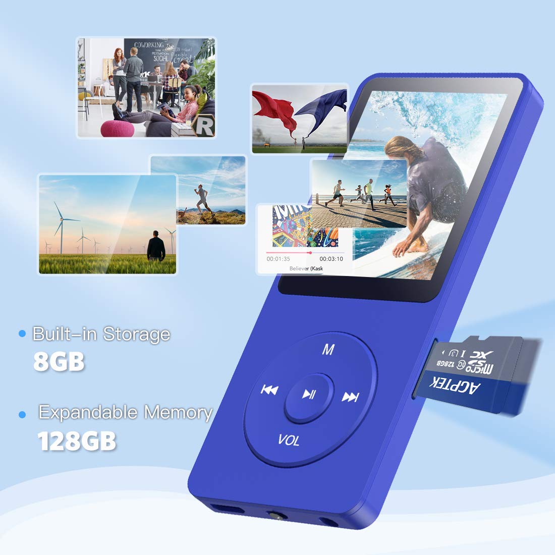 AGPTEK A02 8GB MP3 Player, 70 Hours Playback Lossless Sound Music Player, Supports up to 128GB, Dark Blue