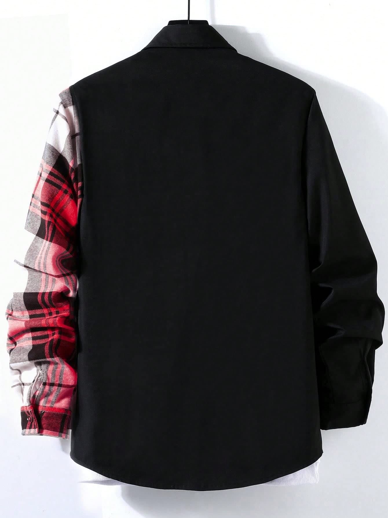 OYOANGLE Men's Colorblock Plaid Print Button Down Long Sleeve Pocket Collared Shirts Top Black and Red M