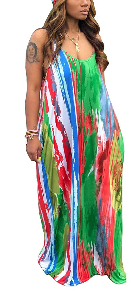 Women's Casual Floral Spaghetti Strap Maxi Dress with Pockets Floor Length Plus Size Sundresses