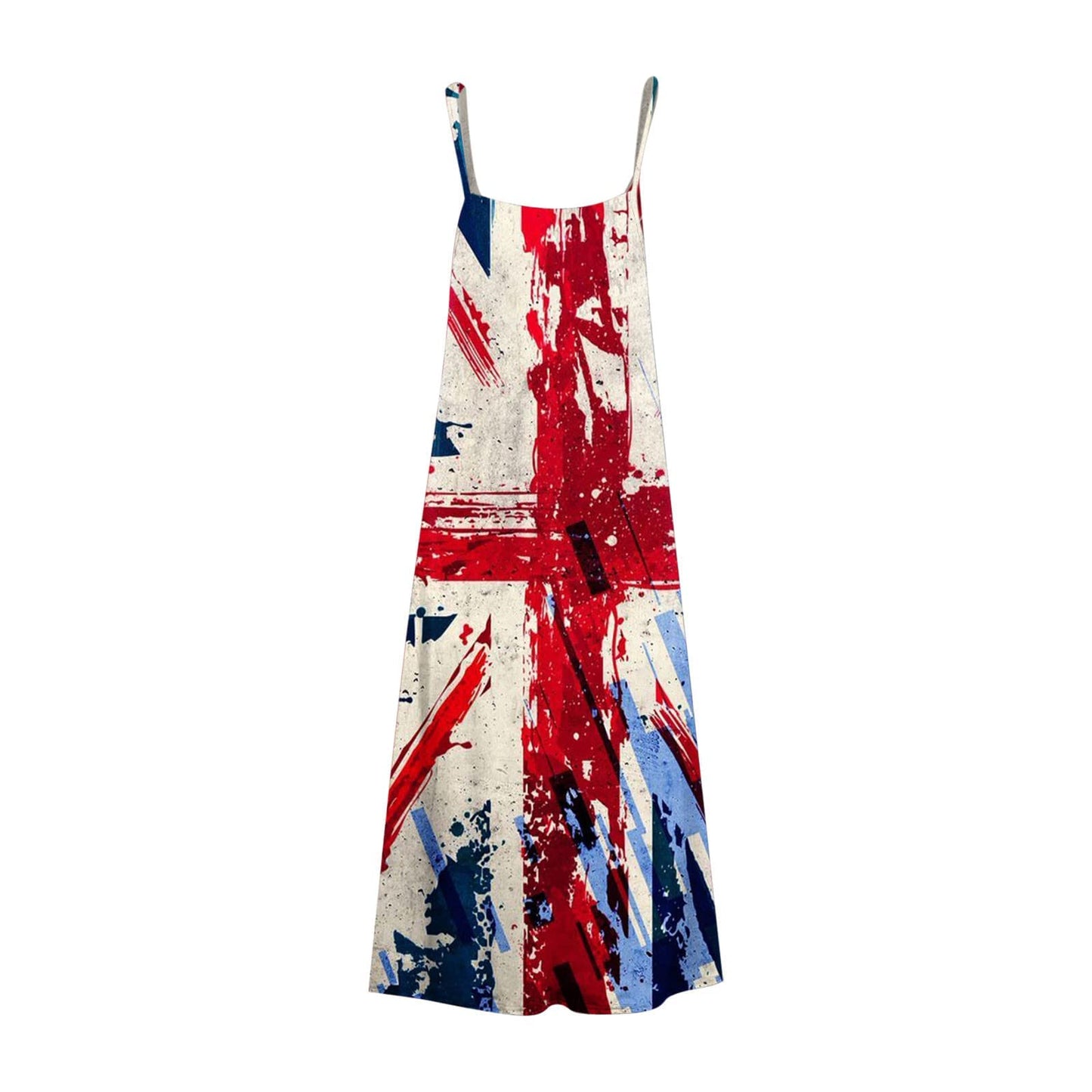 Women Trendy Loose Long Dress Tunic Sundresses Clearance Union Jack Women Fashion Sling Mid-Waist V-Neck Sleeveless Stripe Printing Slim Beach Long Dress Sale UK