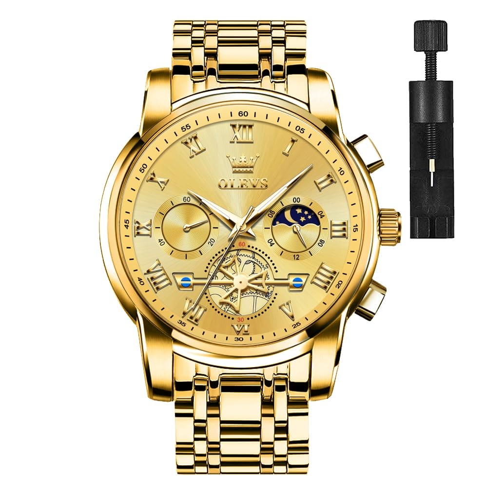 OLEVS Gold Watch for Men,Business Casual Men Watches, Large Stainless Steel Chronograph Gold Watch,Water Resistant Luminous Quartz Wrist Watch,Business Casual Gifts Watch for Male