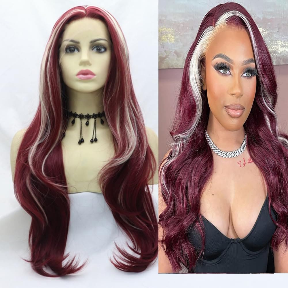 xiweiya Highlight White Pink Wig Long Body Wave Mixed Blonde/Brown Lace Front Wigs 150-180% Density Hair Heat Resistant Fiber Natural Looking Hairfor Women 24 inch