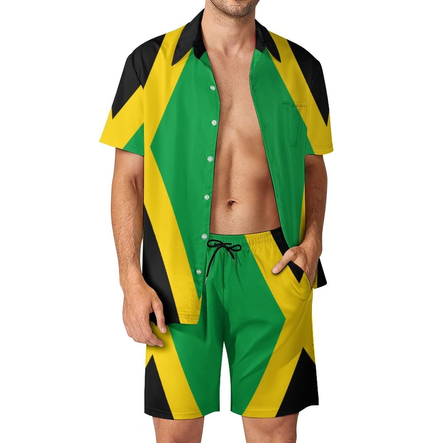 Jamaican Flag Men's Beach Hawaiian Sets Casual Outfit Short Sleeve Shirt Swim Shorts Trunks