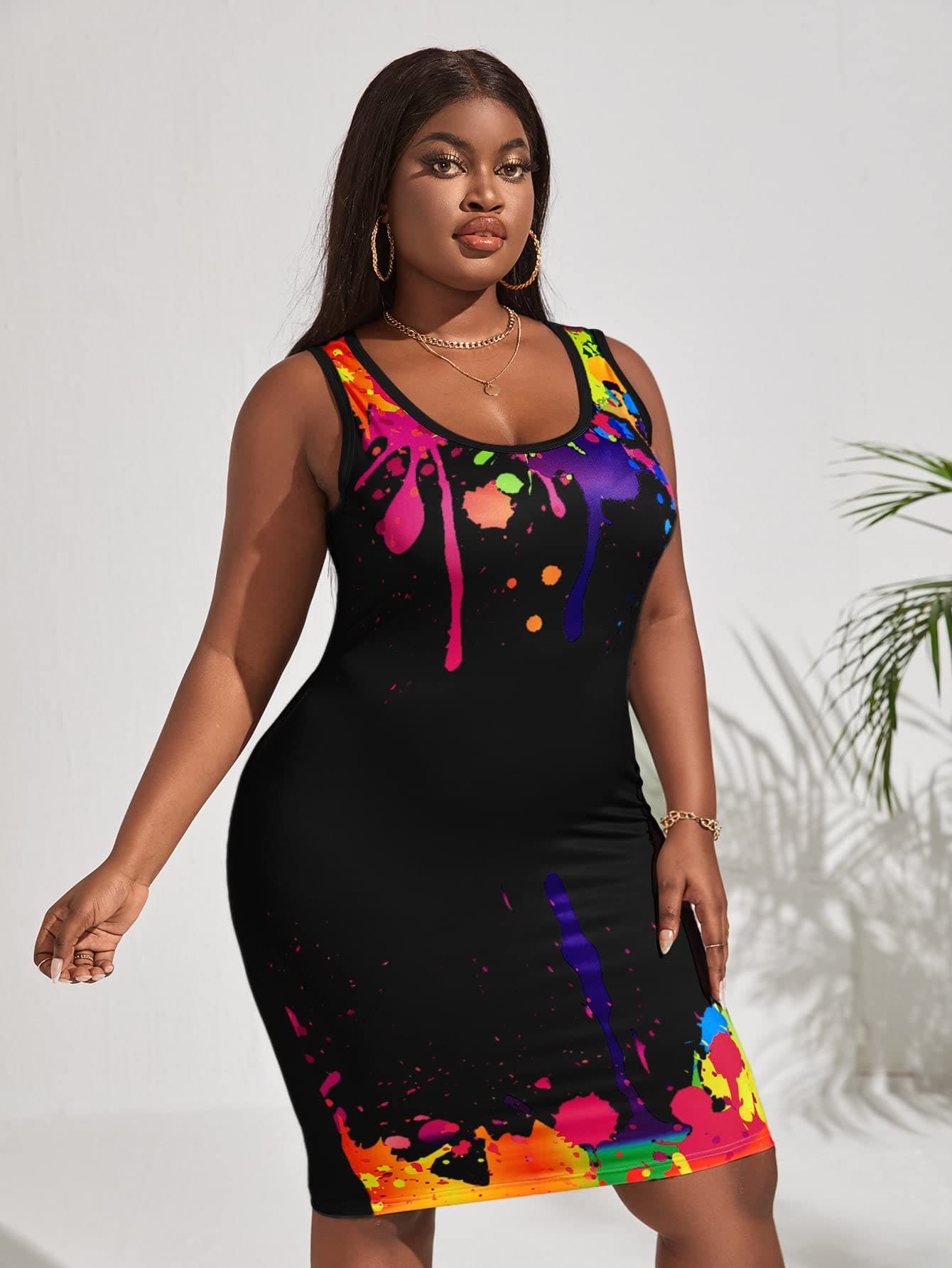 OYOANGLE Women's Plus Size Splash Ink Print Sleeveless Scoop Neck Pencil Tank Dresses Black 0XL