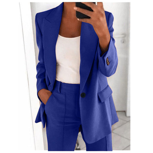 Women Suit Set Formal Plus Size Womens Blazer Suit Set 2 Piece Clearance Long Sleeve Coats One Button Solid Color Suits Business Long Trousers Ladies Plain Suit Sets Work Office Blue XXL